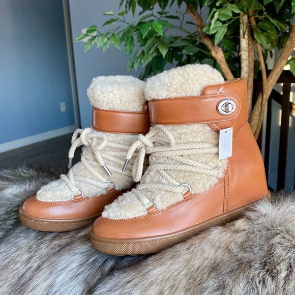 Coach Monroe Shearling Lace Up Wedge Booties, Saddle/Natural - Picture 7 of 10